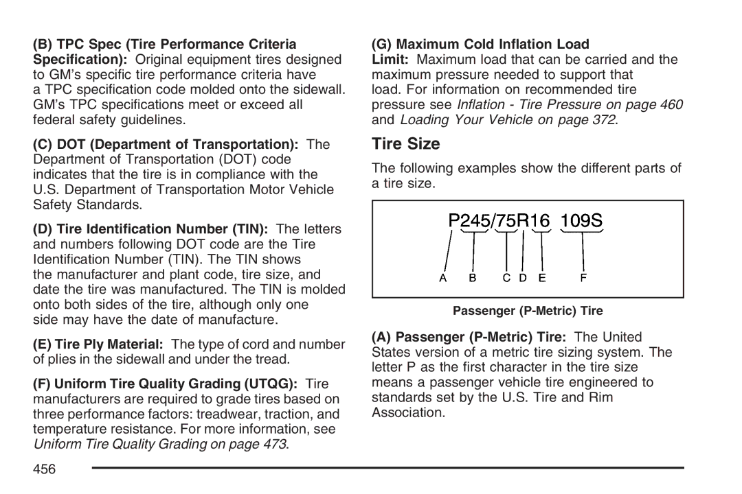 Cadillac 2007 owner manual Tire Size 