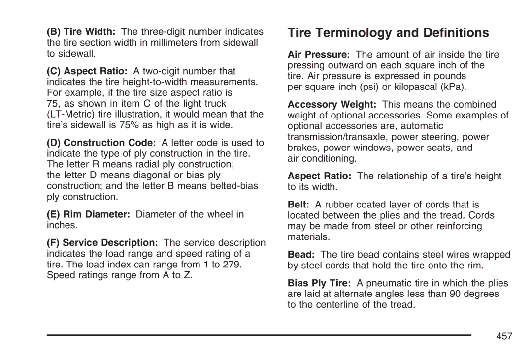 Cadillac 2007 owner manual Tire Terminology and Deﬁnitions 