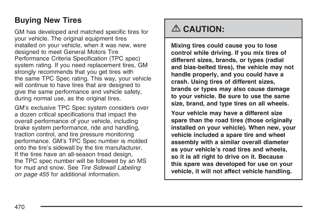 Cadillac 2007 owner manual Buying New Tires 