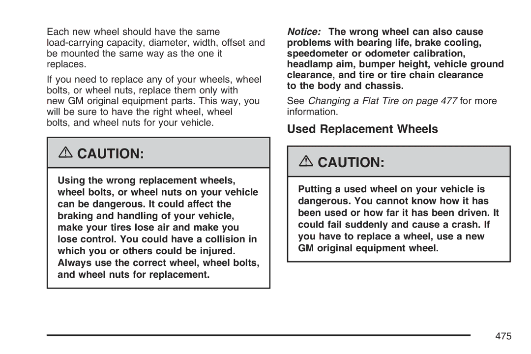 Cadillac 2007 owner manual Used Replacement Wheels 