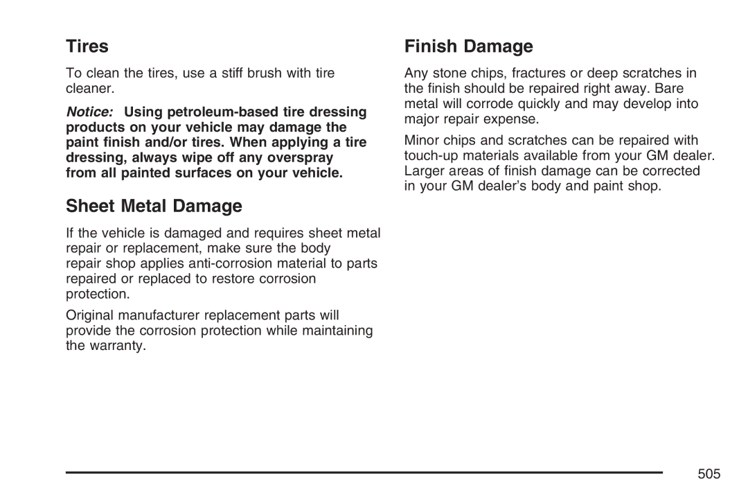 Cadillac 2007 owner manual Tires, Sheet Metal Damage, Finish Damage 