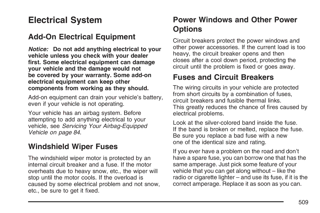Cadillac 2007 Electrical System, Add-On Electrical Equipment, Windshield Wiper Fuses, Fuses and Circuit Breakers 