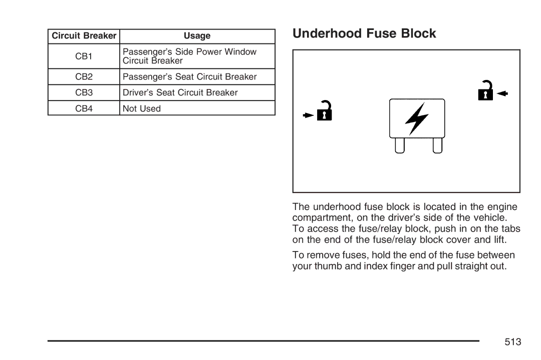 Cadillac 2007 owner manual Underhood Fuse Block, Circuit Breaker Usage 