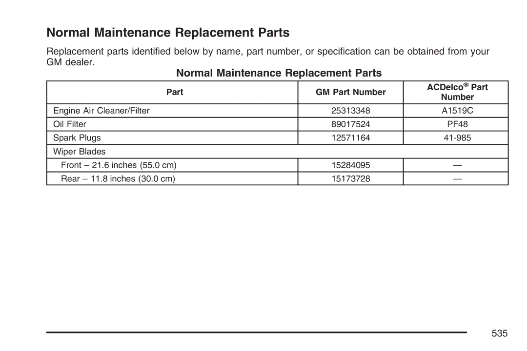 Cadillac 2007 owner manual Normal Maintenance Replacement Parts 