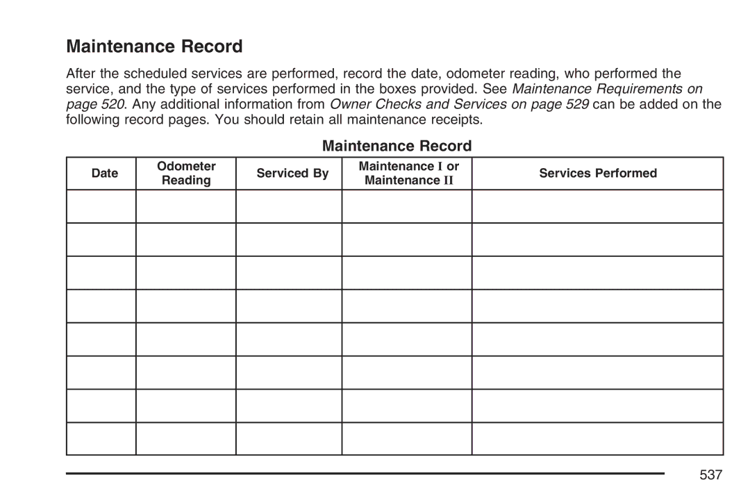 Cadillac 2007 owner manual Maintenance Record 