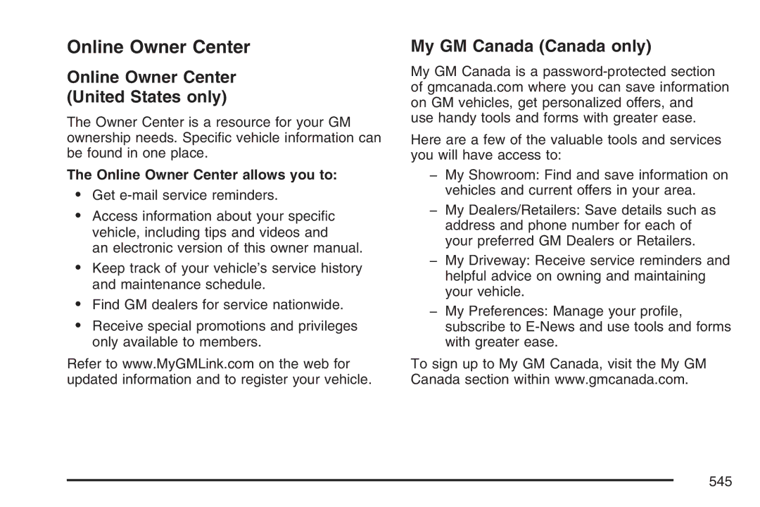 Cadillac 2007 owner manual Online Owner Center United States only, My GM Canada Canada only 