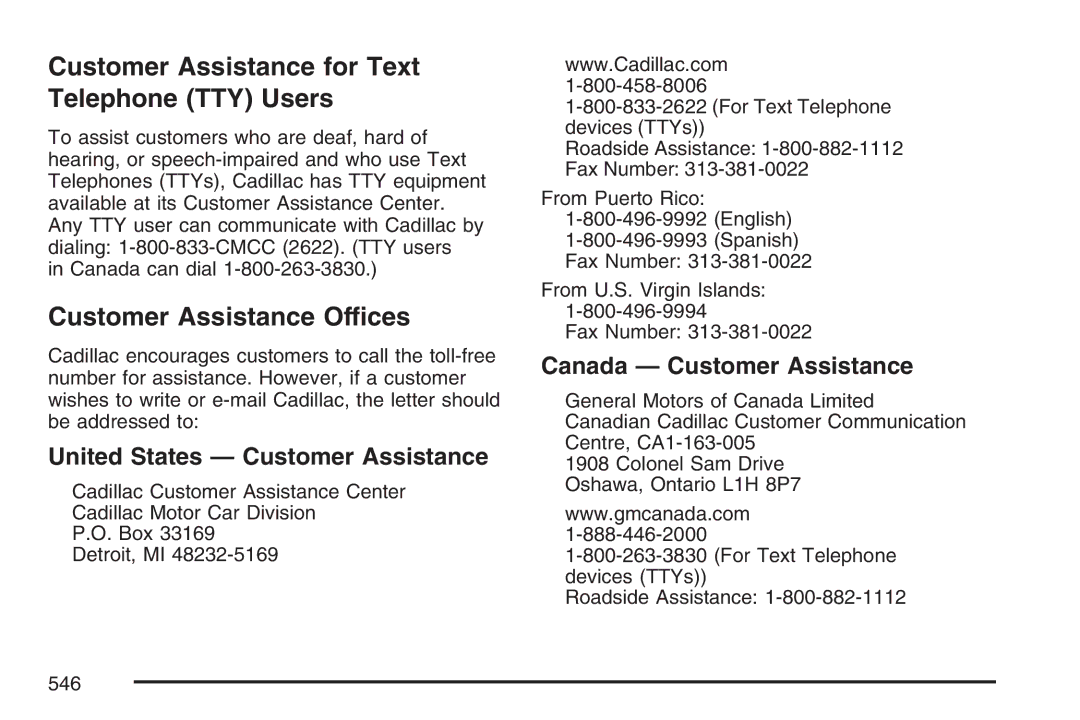 Cadillac 2007 Customer Assistance for Text Telephone TTY Users, Customer Assistance Offices, Canada Customer Assistance 