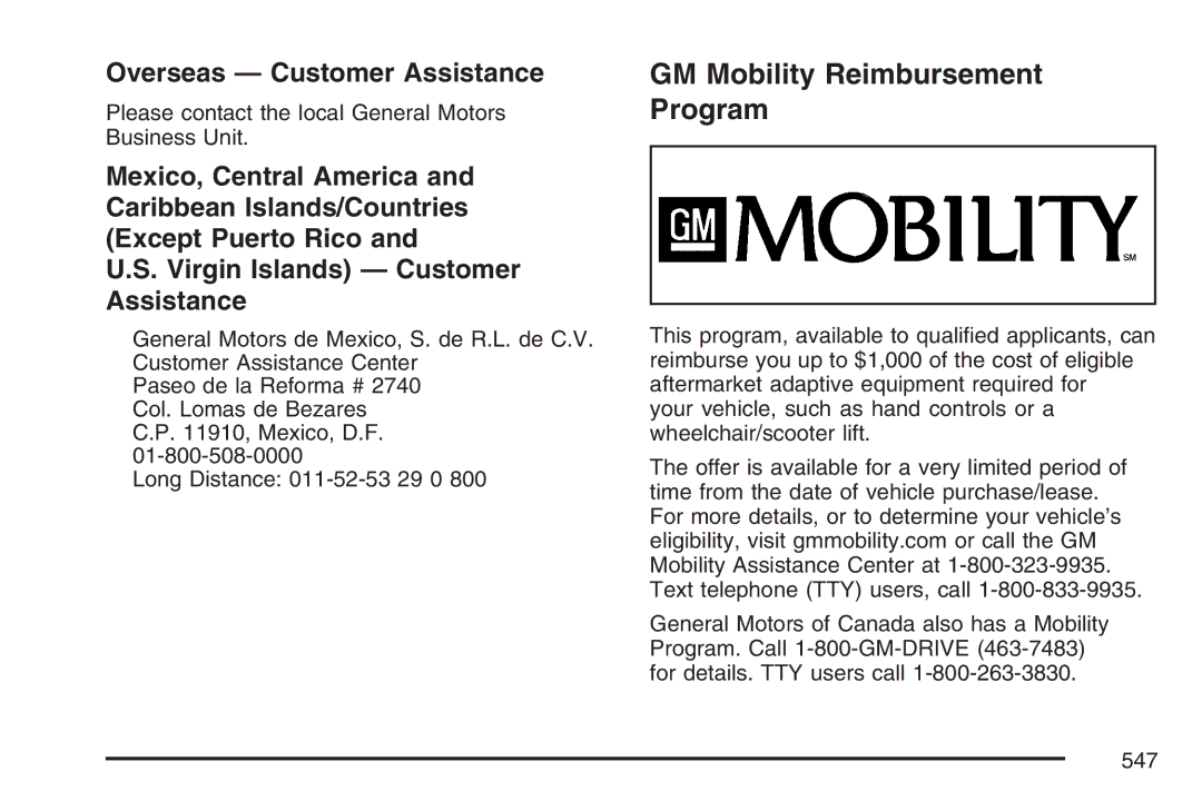 Cadillac 2007 owner manual GM Mobility Reimbursement Program, Overseas Customer Assistance 