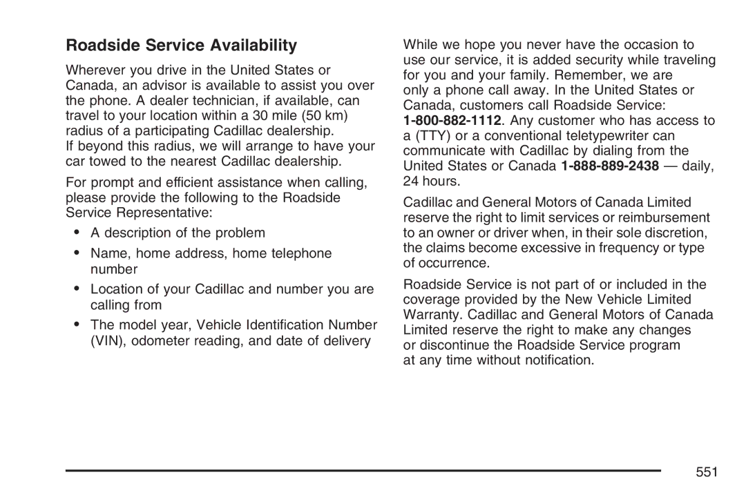 Cadillac 2007 owner manual Roadside Service Availability 