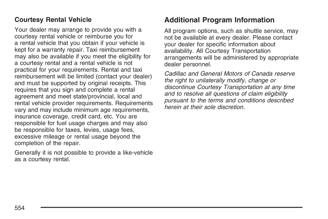 Cadillac 2007 owner manual Additional Program Information, Courtesy Rental Vehicle 