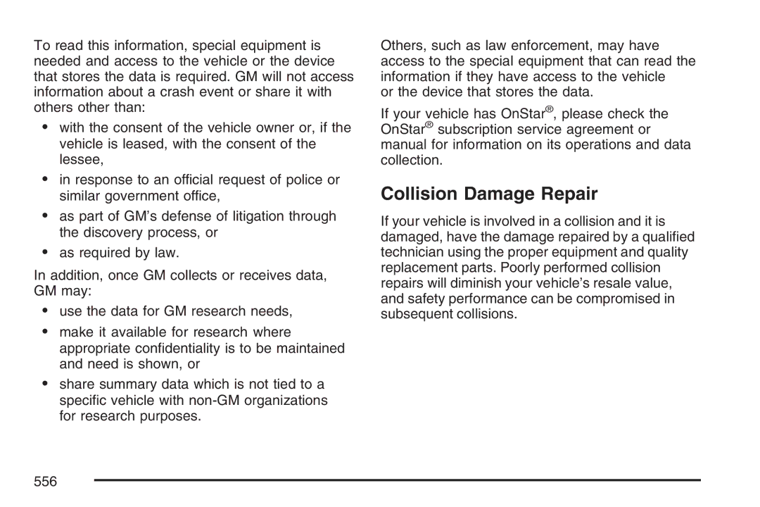 Cadillac 2007 owner manual Collision Damage Repair 