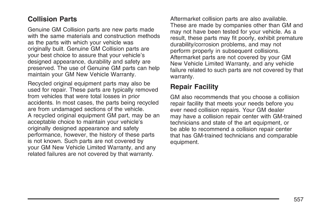 Cadillac 2007 owner manual Collision Parts, Repair Facility 