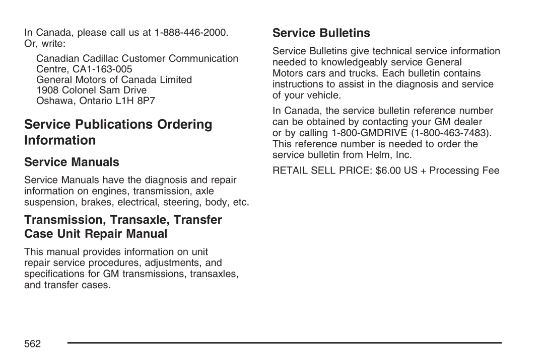 Cadillac 2007 Service Publications Ordering Information, Transmission, Transaxle, Transfer Case Unit Repair Manual 