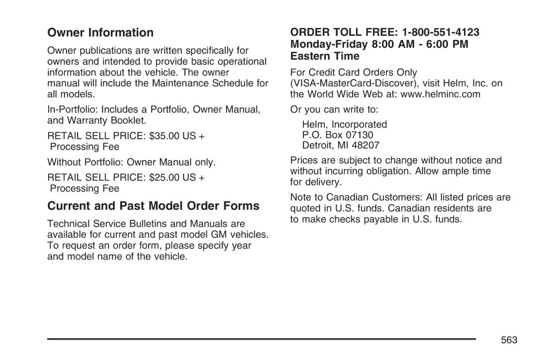 Cadillac 2007 owner manual Owner Information, Current and Past Model Order Forms 