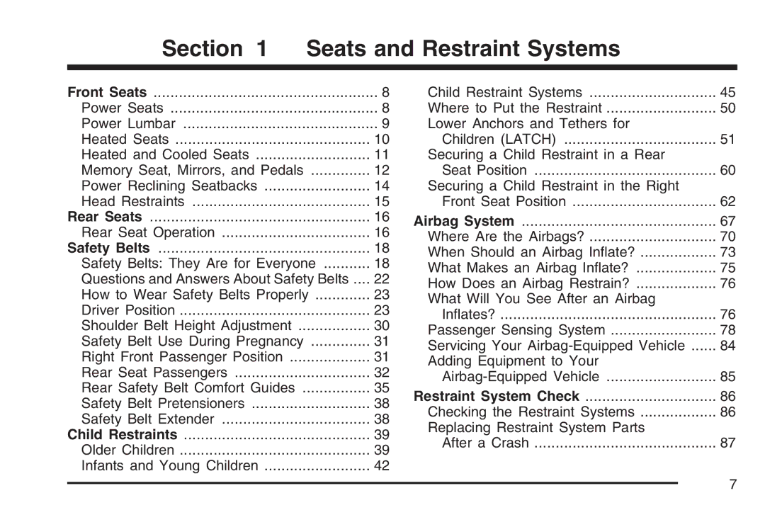 Cadillac 2007 owner manual Seats and Restraint Systems 