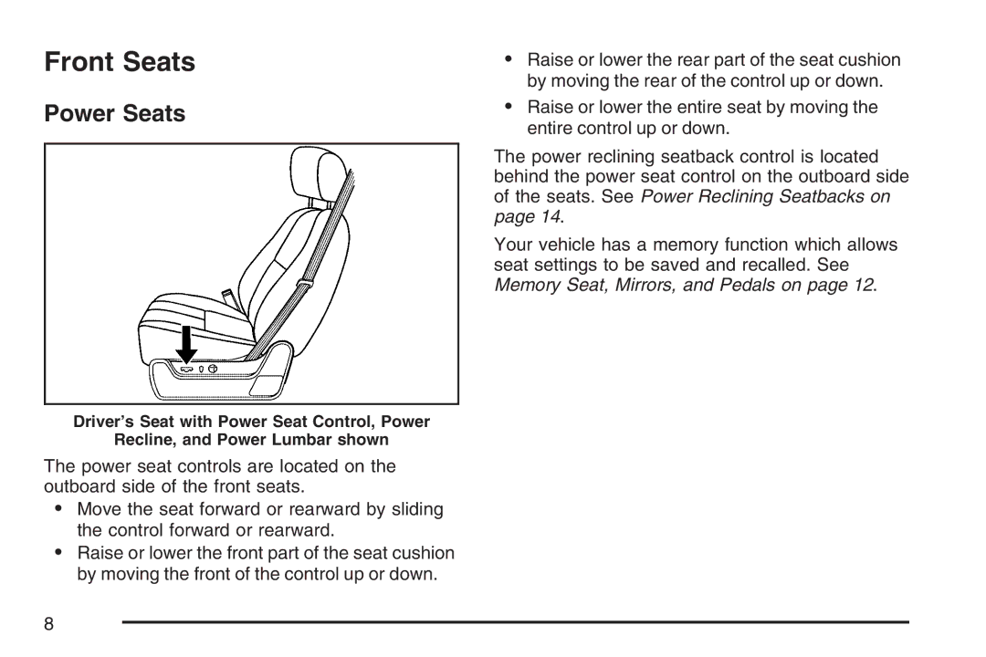 Cadillac 2007 owner manual Front Seats, Power Seats 