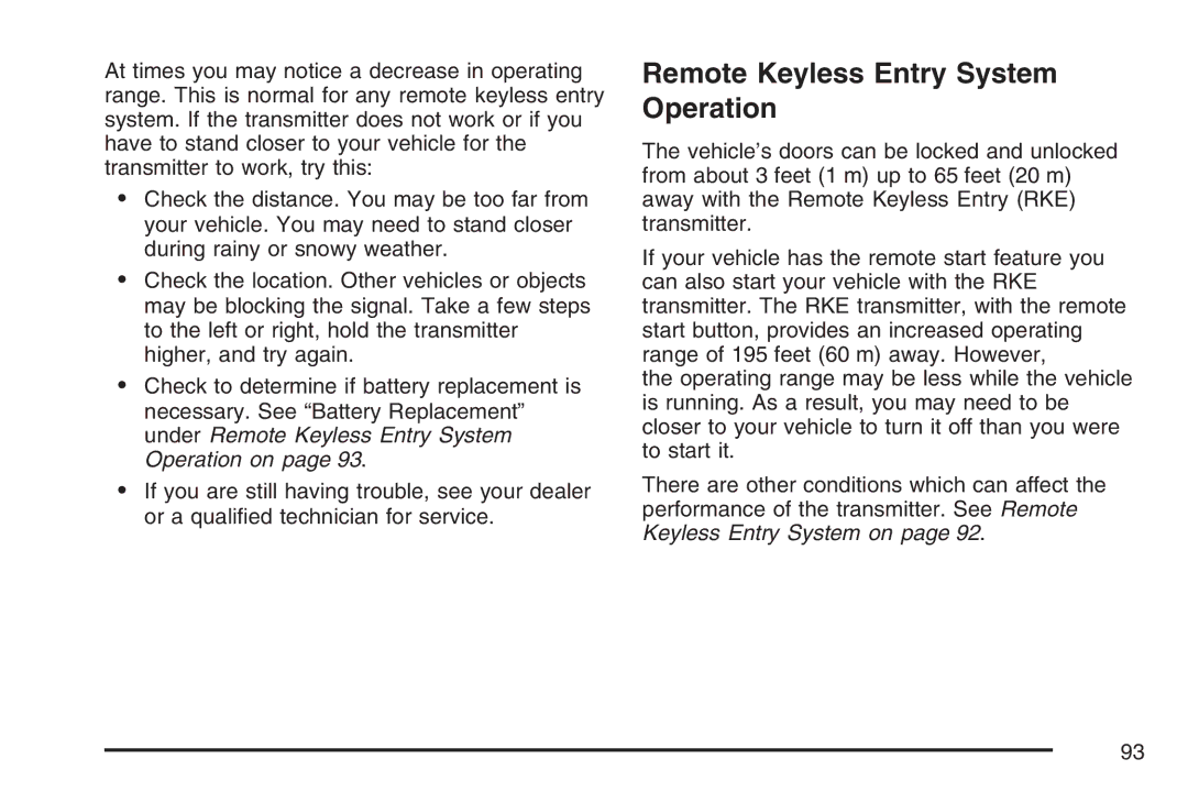 Cadillac 2007 owner manual Remote Keyless Entry System Operation 