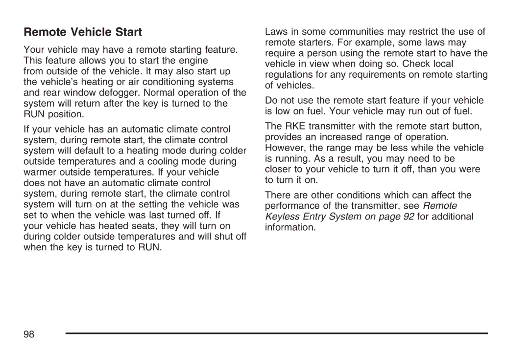 Cadillac 2007 owner manual Remote Vehicle Start 