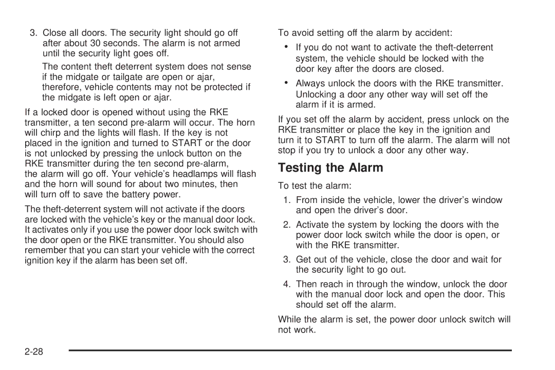 Cadillac 2009 owner manual Testing the Alarm 