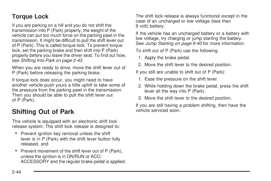 Cadillac 2009 owner manual Shifting Out of Park, Torque Lock 