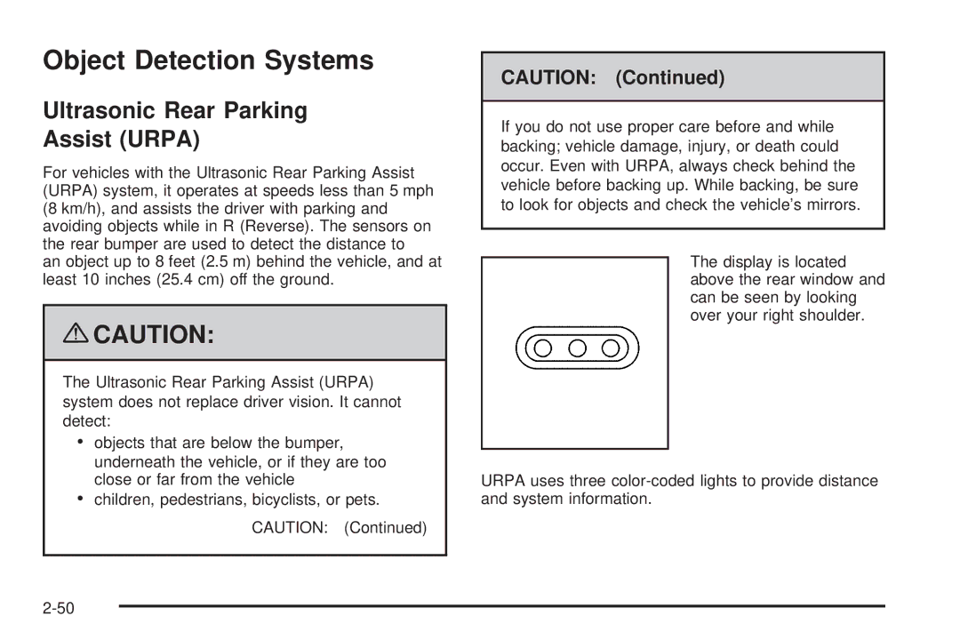 Cadillac 2009 owner manual Object Detection Systems, Ultrasonic Rear Parking Assist Urpa 