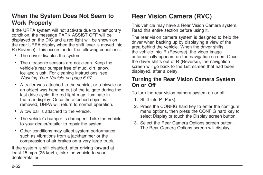 Cadillac 2009 owner manual Rear Vision Camera RVC, When the System Does Not Seem to Work Properly 