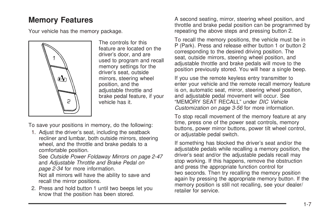 Cadillac 2009 owner manual Memory Features 