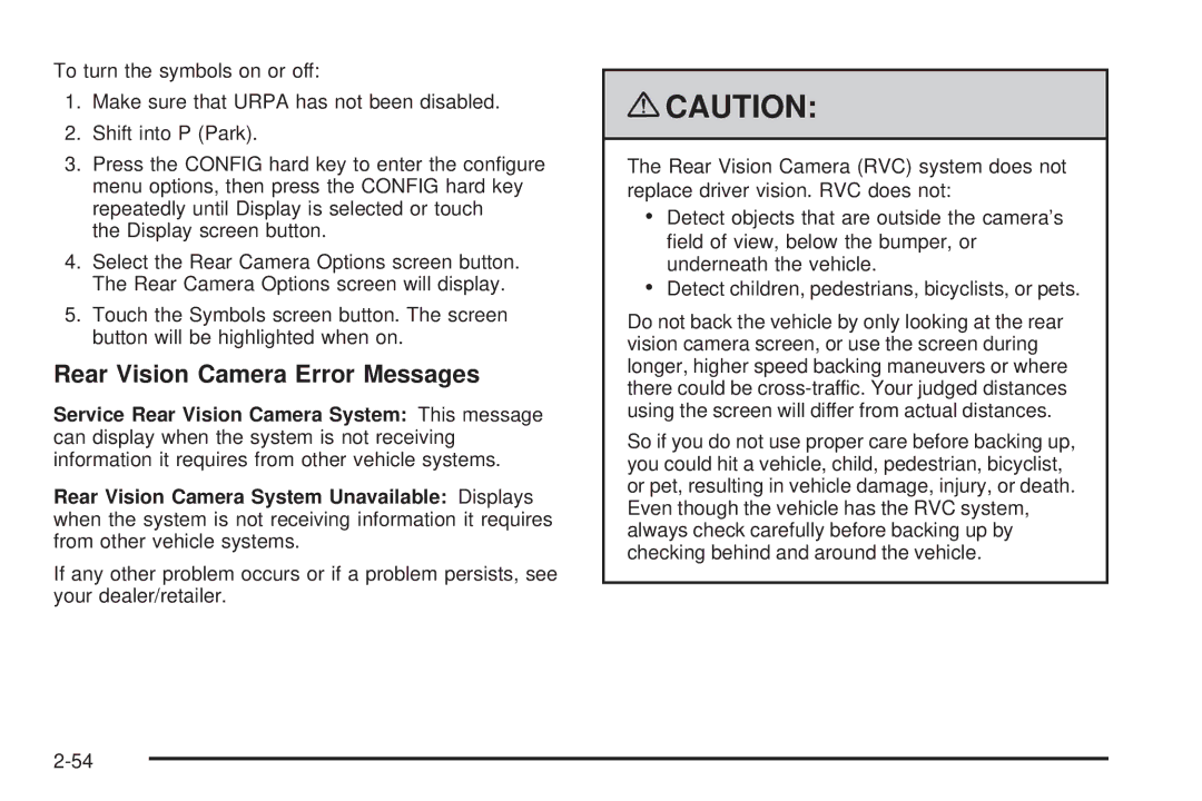 Cadillac 2009 owner manual Rear Vision Camera Error Messages 