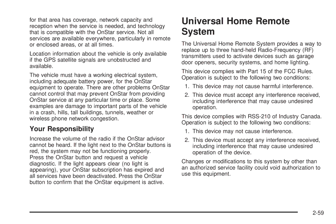 Cadillac 2009 owner manual Universal Home Remote System, Your Responsibility 