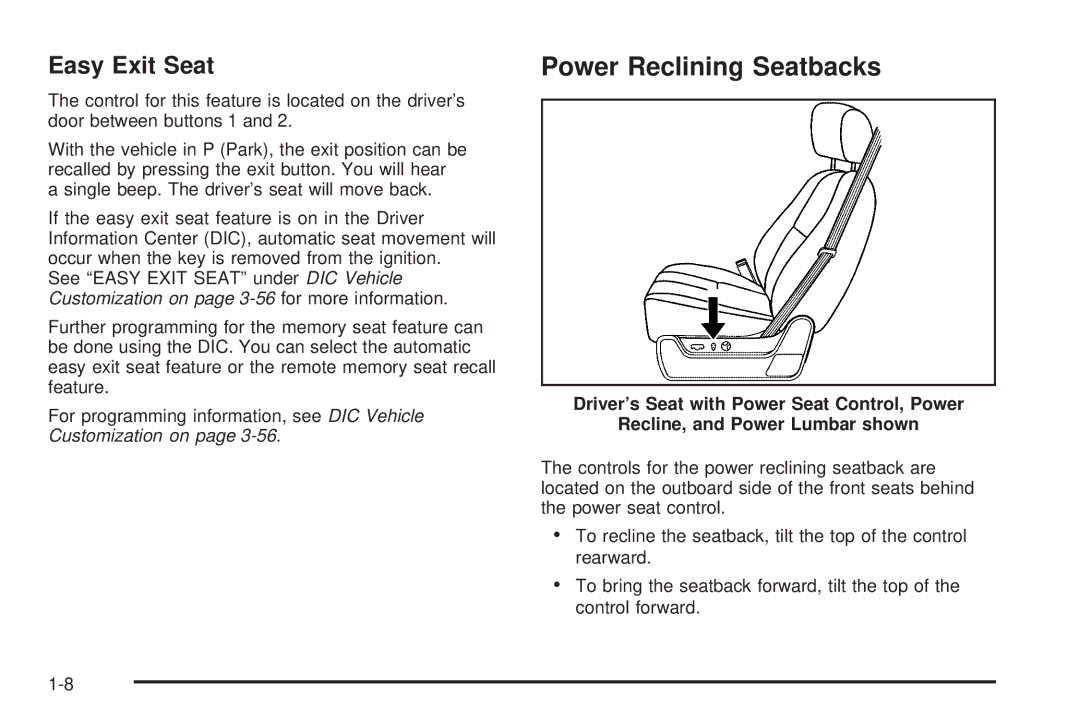 Cadillac 2009 owner manual Power Reclining Seatbacks, Easy Exit Seat 