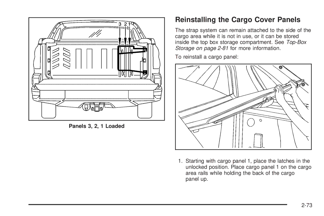 Cadillac 2009 owner manual Reinstalling the Cargo Cover Panels, Panels 3, 2, 1 Loaded 