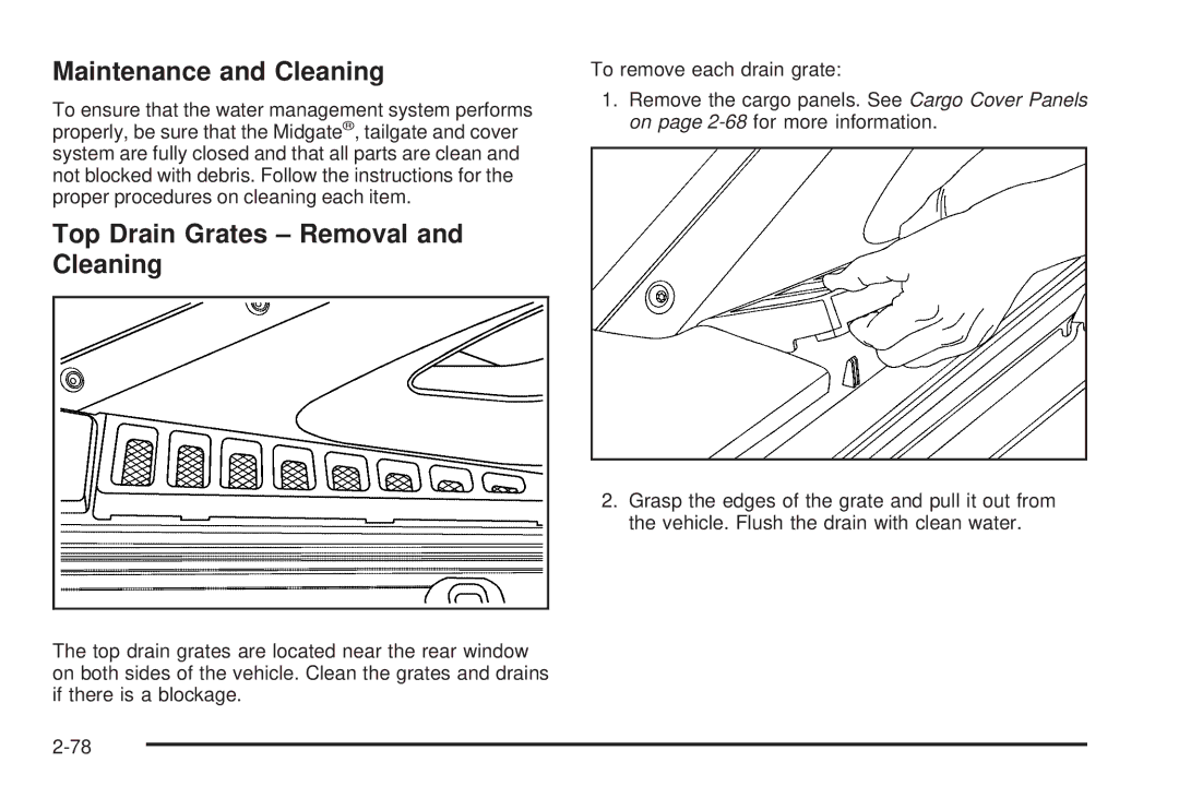 Cadillac 2009 owner manual Maintenance and Cleaning, Top Drain Grates Removal and Cleaning 