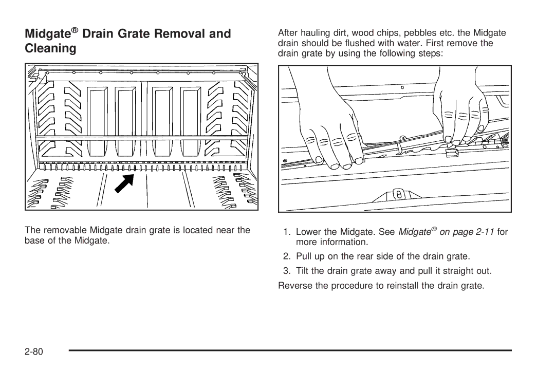 Cadillac 2009 owner manual Midgate Drain Grate Removal and Cleaning 