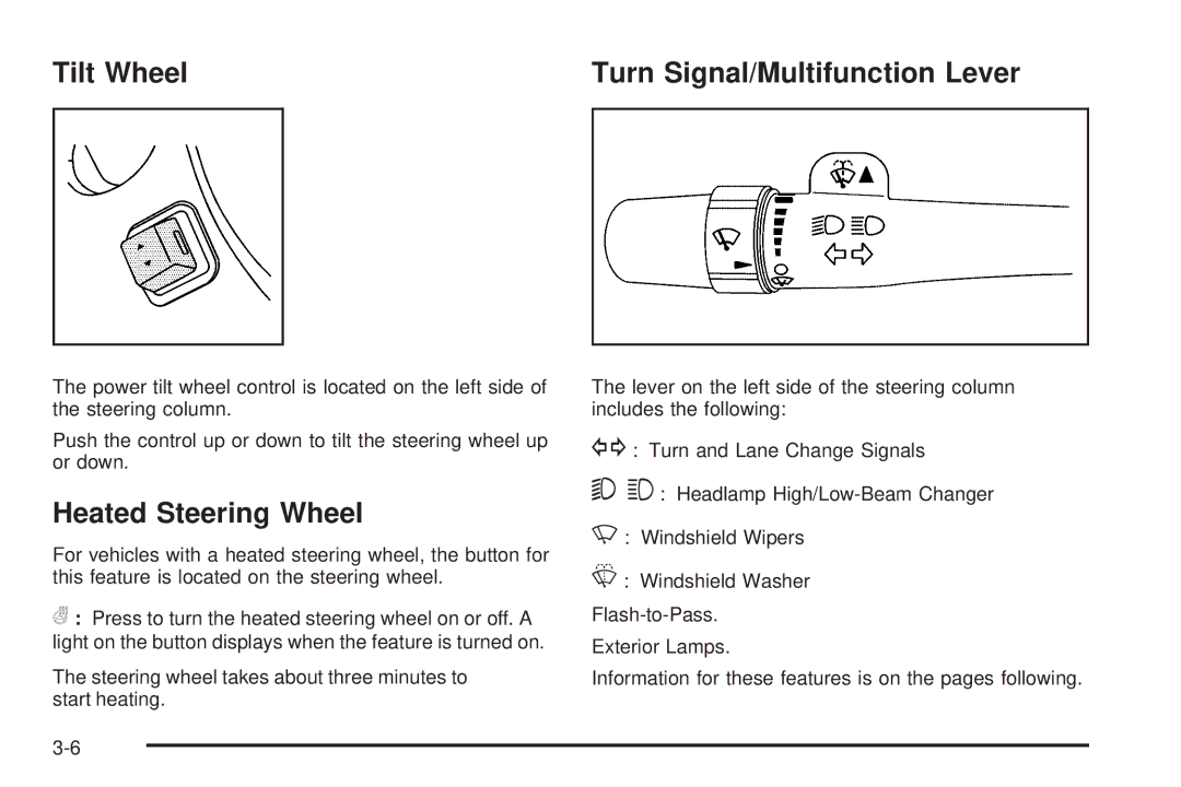 Cadillac 2009 owner manual Tilt Wheel Turn Signal/Multifunction Lever, Heated Steering Wheel 