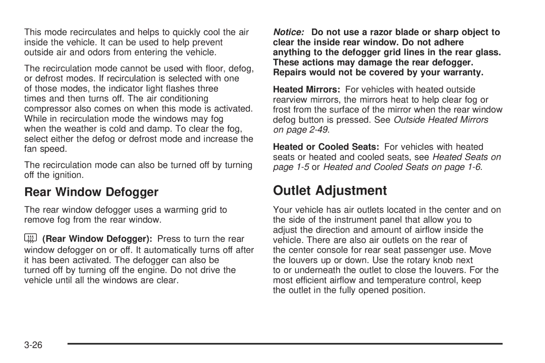 Cadillac 2009 owner manual Outlet Adjustment, Rear Window Defogger 