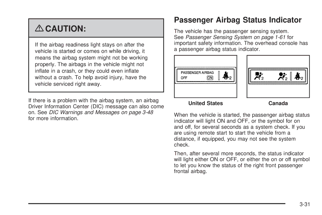 Cadillac 2009 owner manual Passenger Airbag Status Indicator, United States Canada 