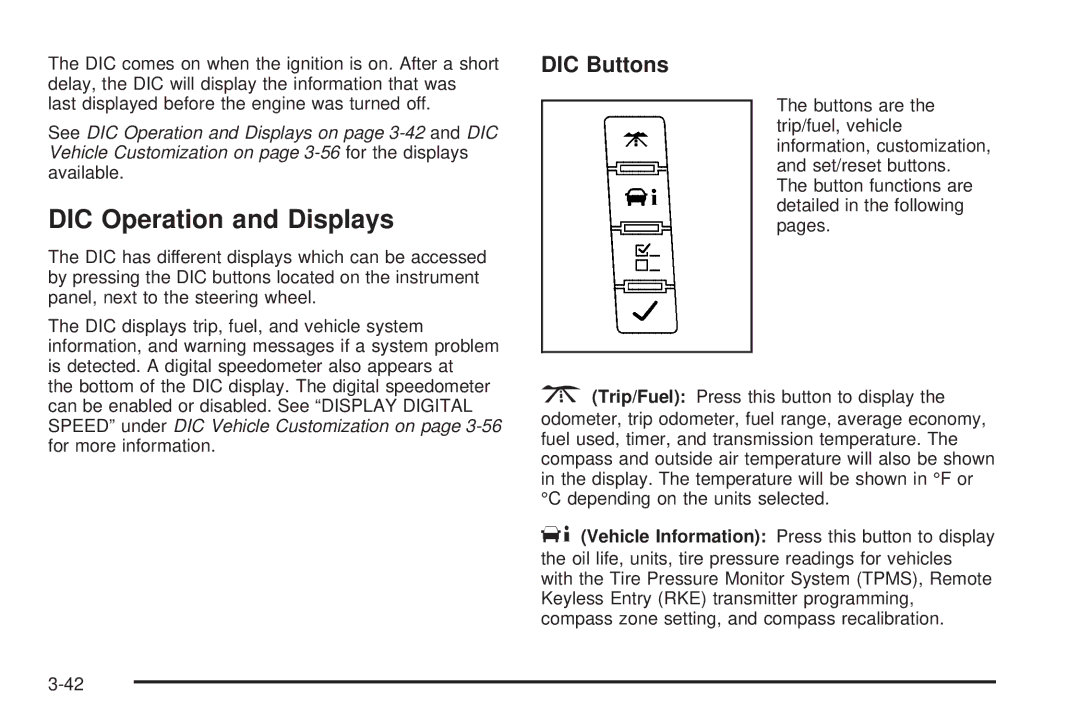 Cadillac 2009 owner manual DIC Operation and Displays, DIC Buttons 