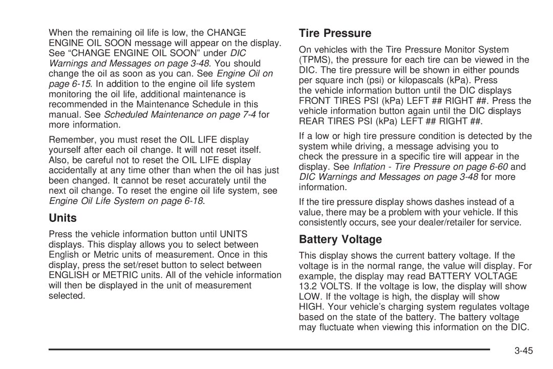 Cadillac 2009 owner manual Units, Tire Pressure, Battery Voltage 