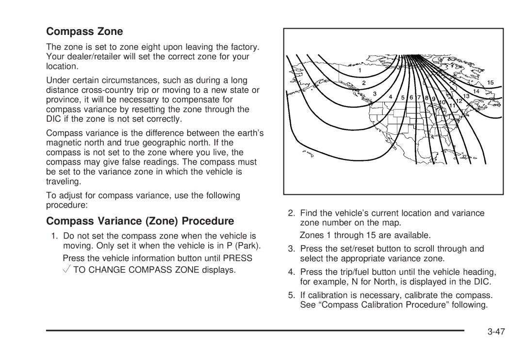 Cadillac 2009 owner manual Compass Zone, Compass Variance Zone Procedure 