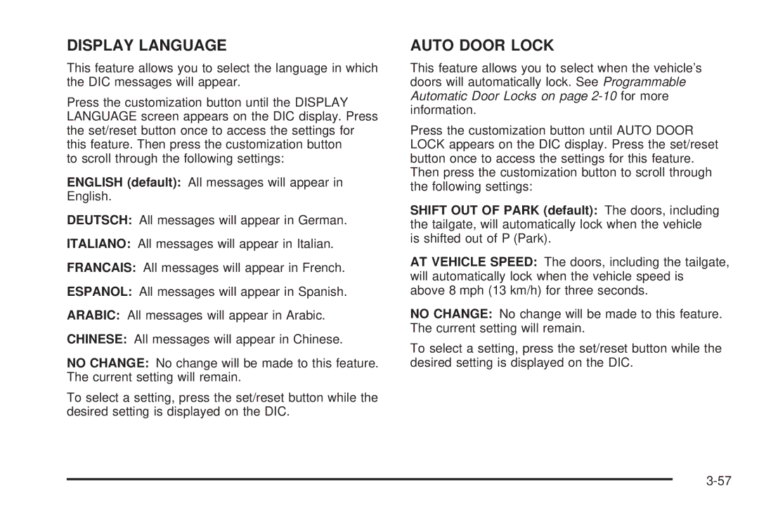 Cadillac 2009 owner manual Display Language 