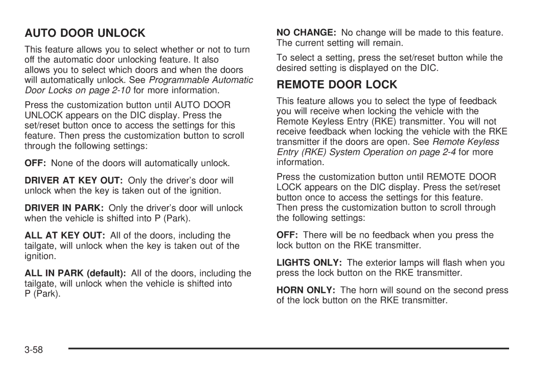 Cadillac 2009 owner manual Auto Door Unlock 