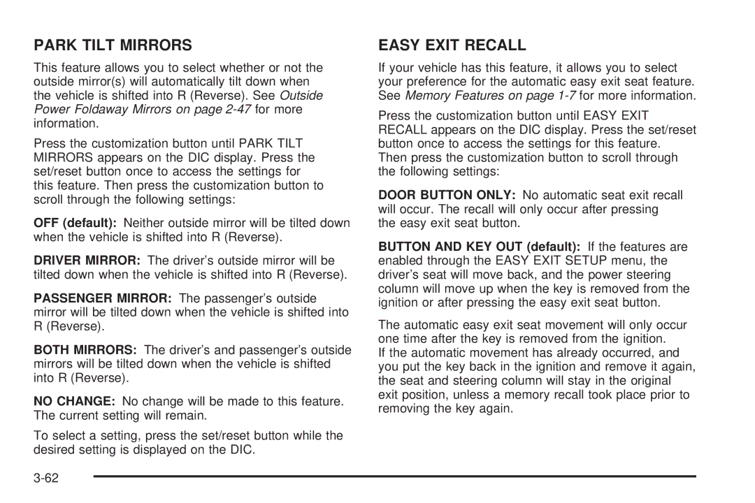 Cadillac 2009 owner manual Park Tilt Mirrors 