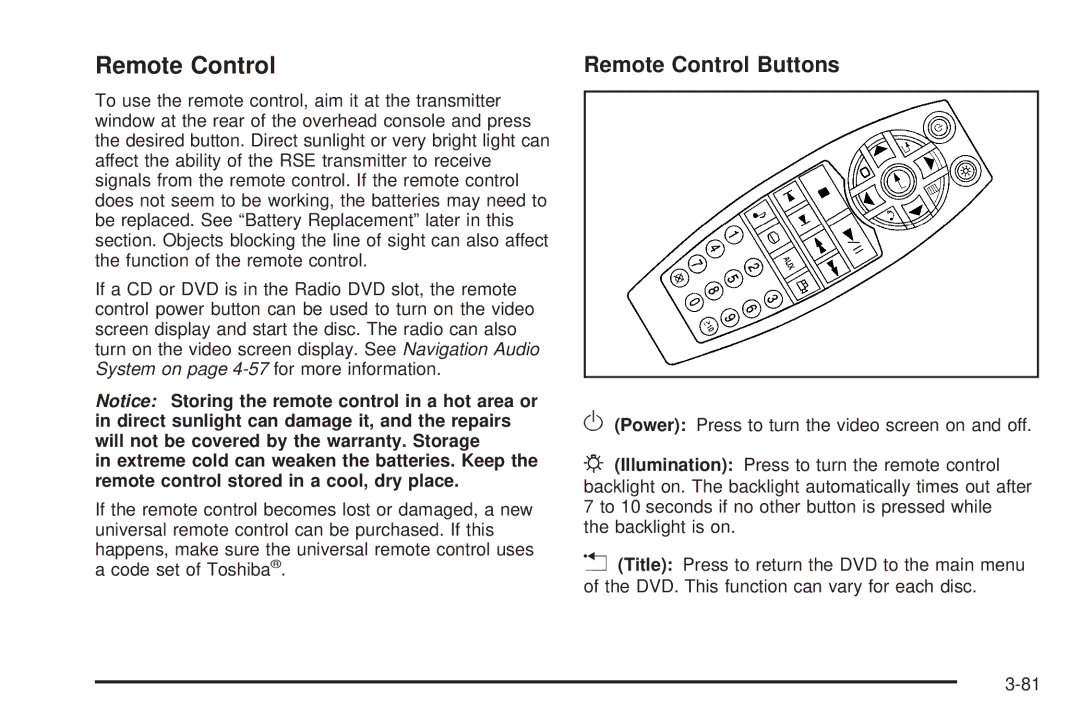 Cadillac 2009 owner manual Remote Control Buttons 