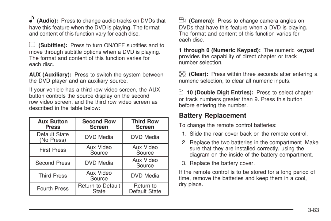 Cadillac 2009 owner manual Battery Replacement, Aux Button Second Row Third Row 