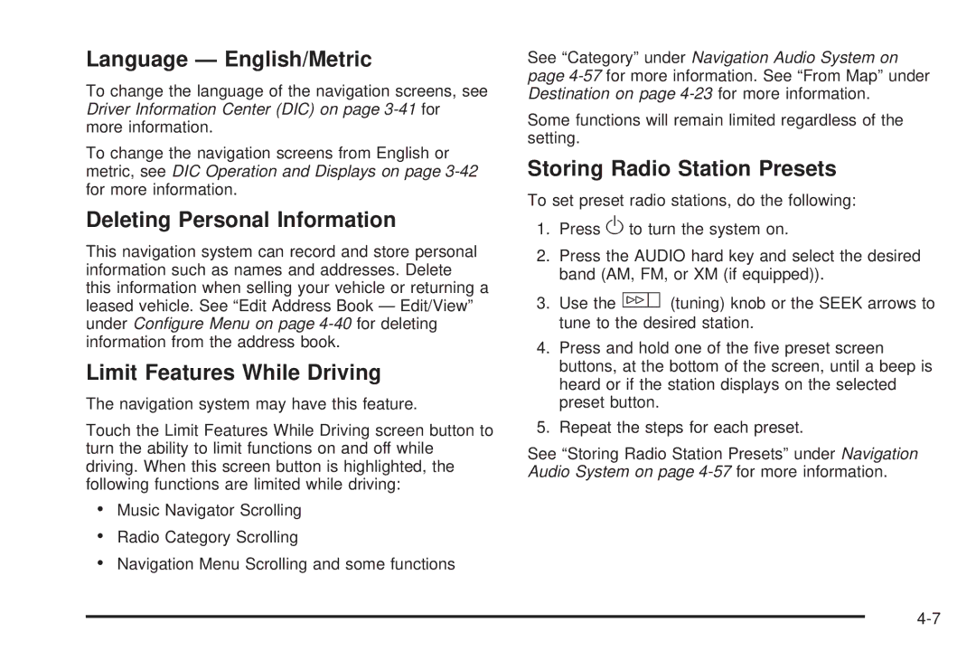 Cadillac 2009 owner manual Language English/Metric, Deleting Personal Information, Limit Features While Driving 