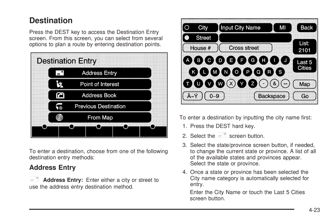 Cadillac 2009 owner manual Destination, Address Entry 