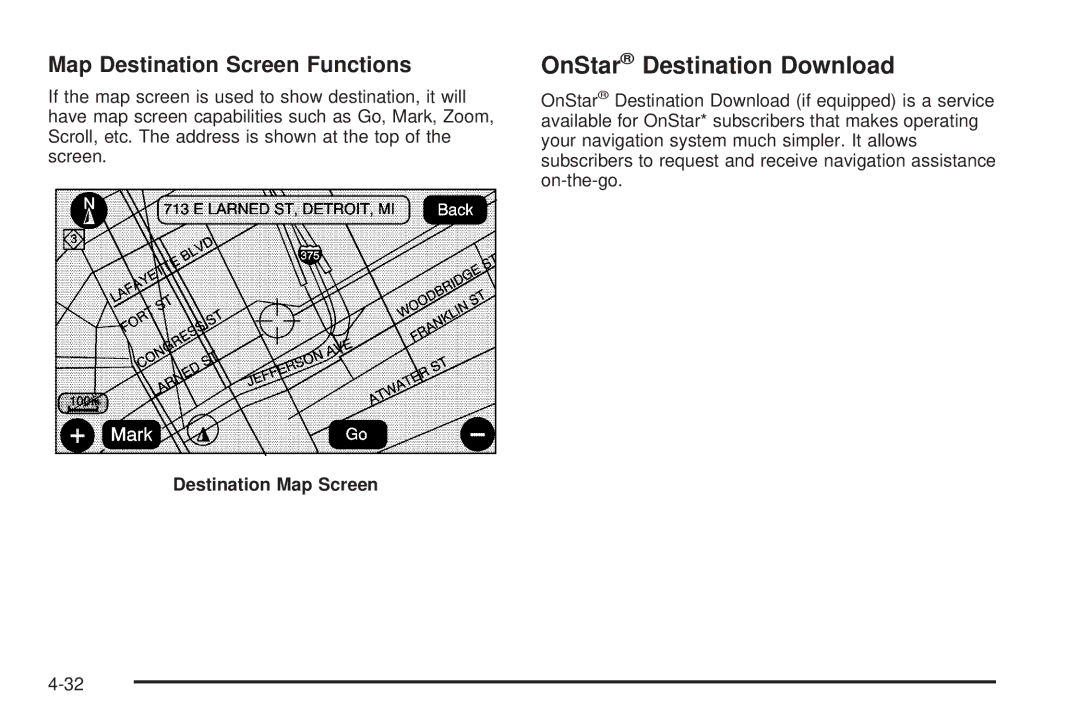 Cadillac 2009 owner manual OnStar Destination Download, Map Destination Screen Functions, Destination Map Screen 