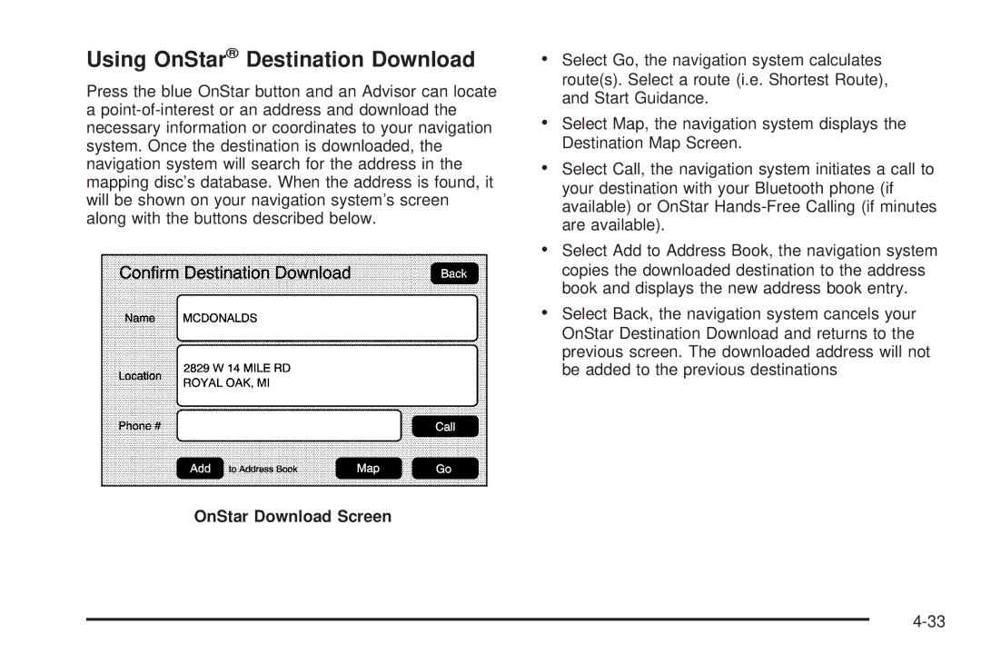 Cadillac 2009 owner manual Using OnStar Destination Download, OnStar Download Screen 