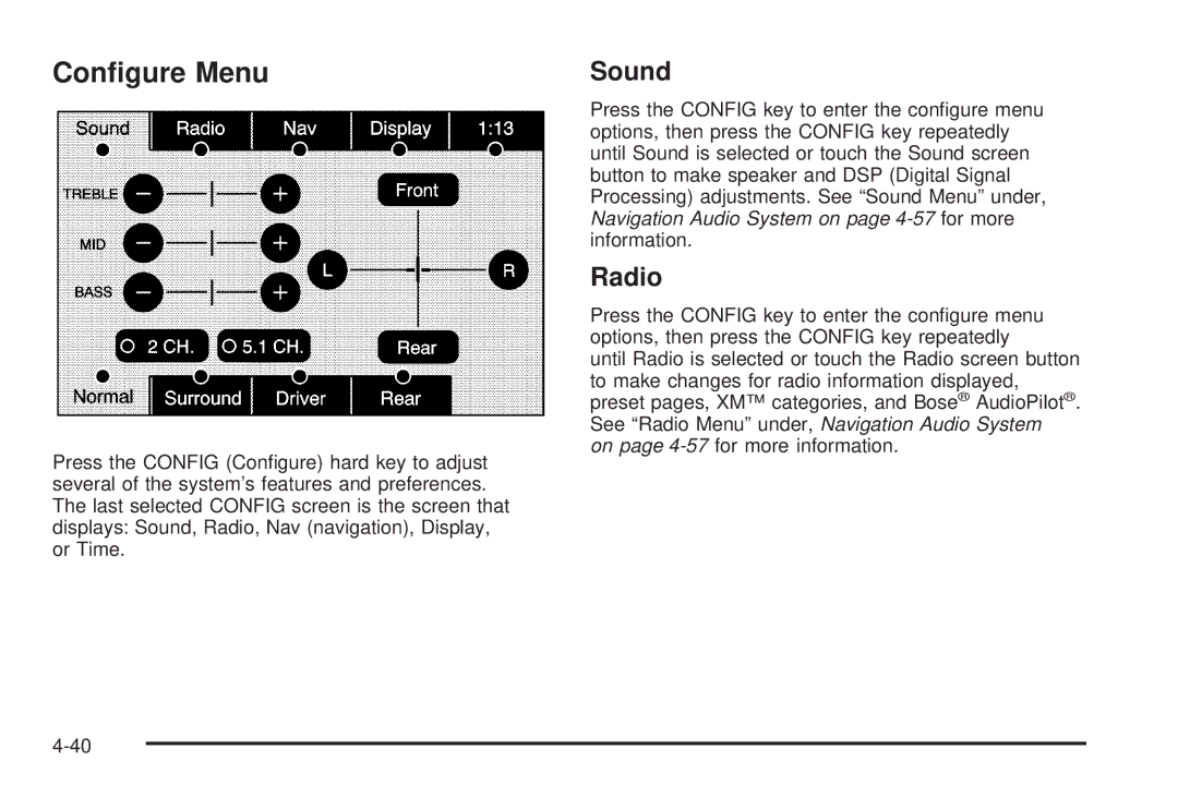 Cadillac 2009 owner manual Conﬁgure Menu, Sound, Radio 