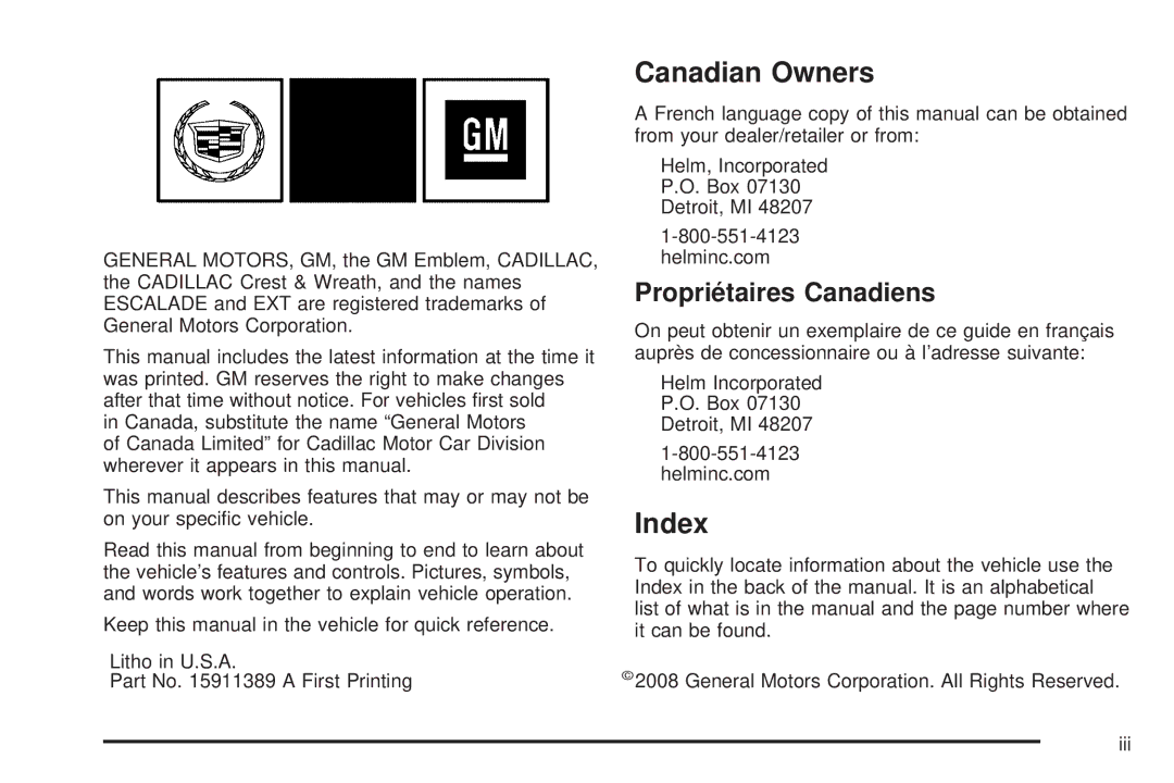 Cadillac 2009 owner manual Canadian Owners, Index, Propriétaires Canadiens 